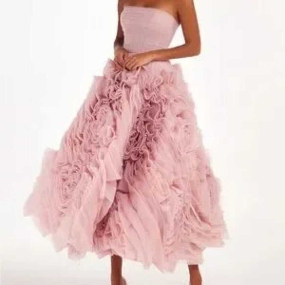 It’s Milla; Dramatically flowered tulle dress in misty pink